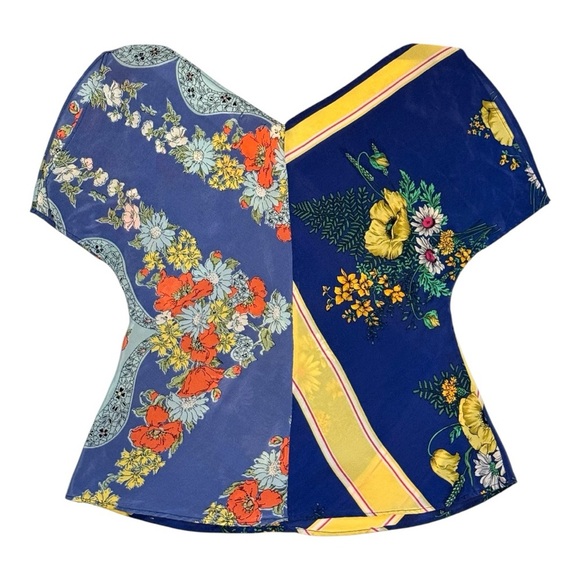 Odille Anthropologie 100% Silk Rare Blue + Yellow Floral Patchwork Blouse-Size 6 - Picture 6 of 7